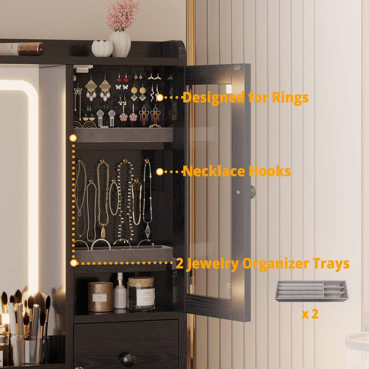 IRONCK Vanity Desk with LED Lights Mirror and Charging Station, Makeup Vanity Table with Jewelry Armoire, Storage Bench, and 11 Drawers,Black IRONCK