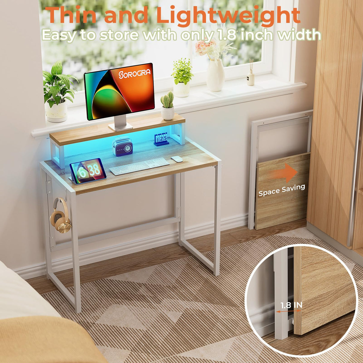 SOROGRA Small Folding Desk 31.5 Inch, Foldable Computer Desks with LED Lights and Monitor Stand, Work Portable Table for Bedroom Home Office, Oak SOROGRA