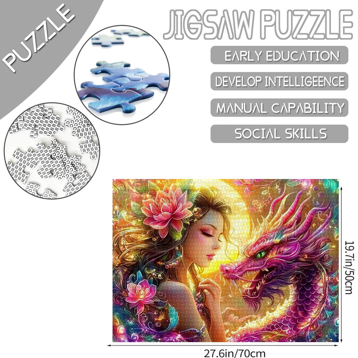 Jigsaw Puzzles 1000 Pieces for Adults-Beautiful Woman with Ornate Pink Dragon Puzzle-Challenging Puzzle Perfect for Game Nights-DIY Home Wall Decor-Sacred Fantasy -Fairy Puzzles Art 27" x 20" Tucocoo