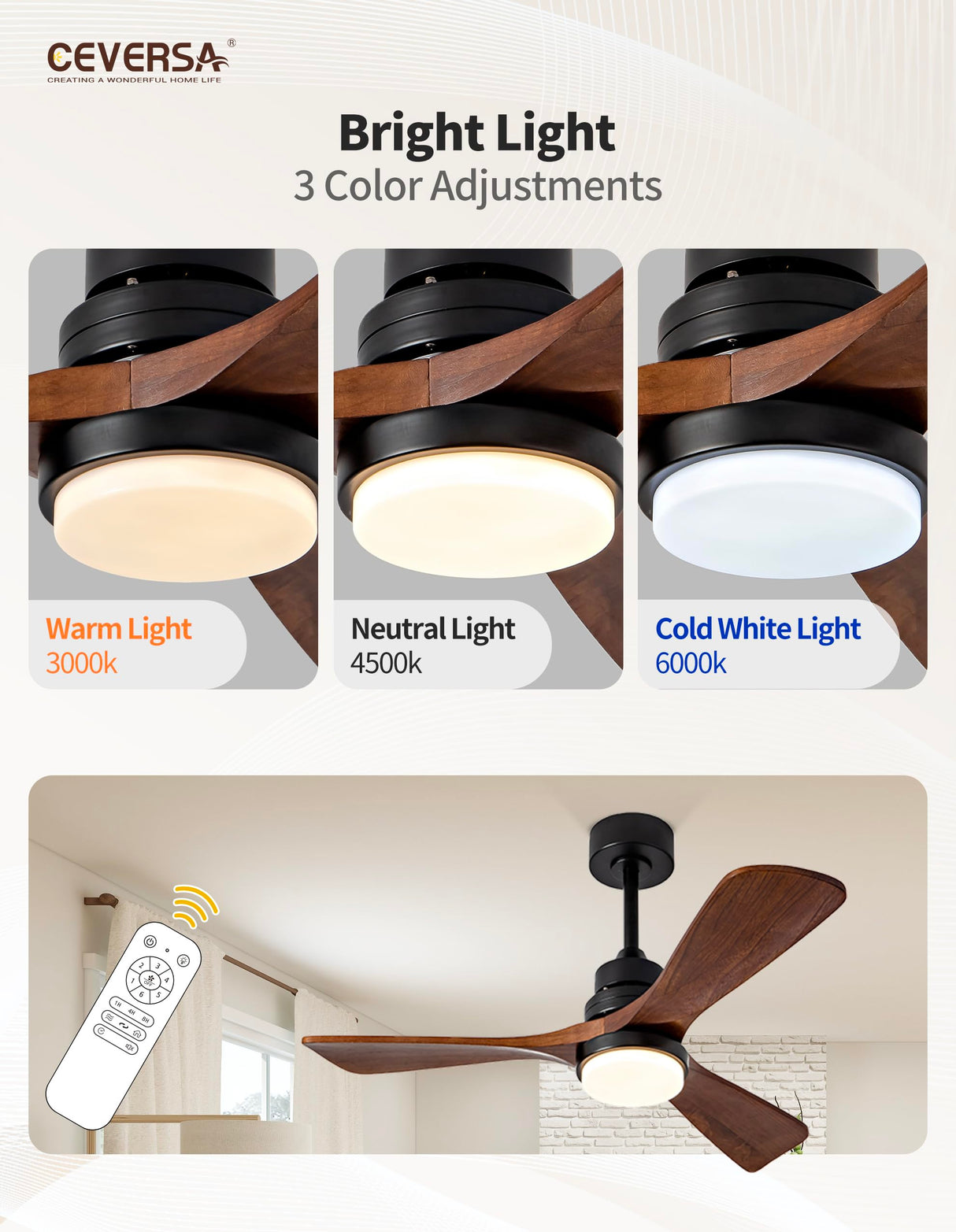 Ceversa 42 Inch Solid Wood Ceiling Fan with Light and Remote Control,3 Blades Craftmade Modern Ceiling Fan Quiet for Living Room Bedroom Farmhouse Indoor Outdoor Ceversa