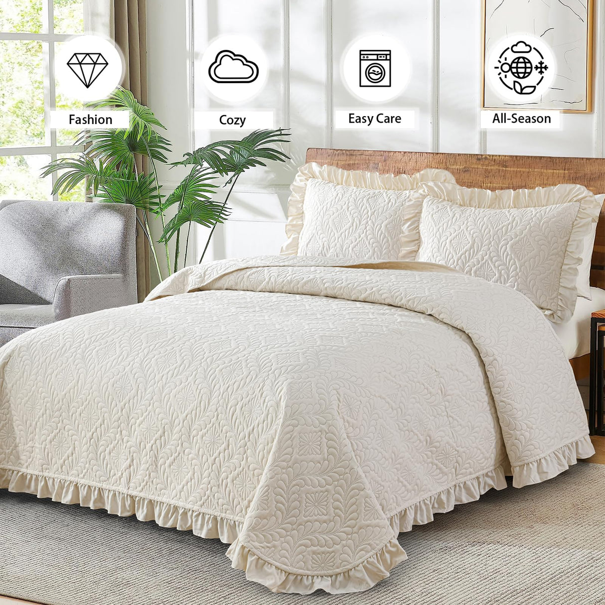 DJY Queen Quilt Bedding Set Size, Beige Ruffled Lightweight Soft Bedspreads Queen Size Coverlet, Basket Weave Quilted Blanket Thin Quilt Bed Cover for All Season - 3 Piece (1Quilt, 2 Pillow Shams) DJY