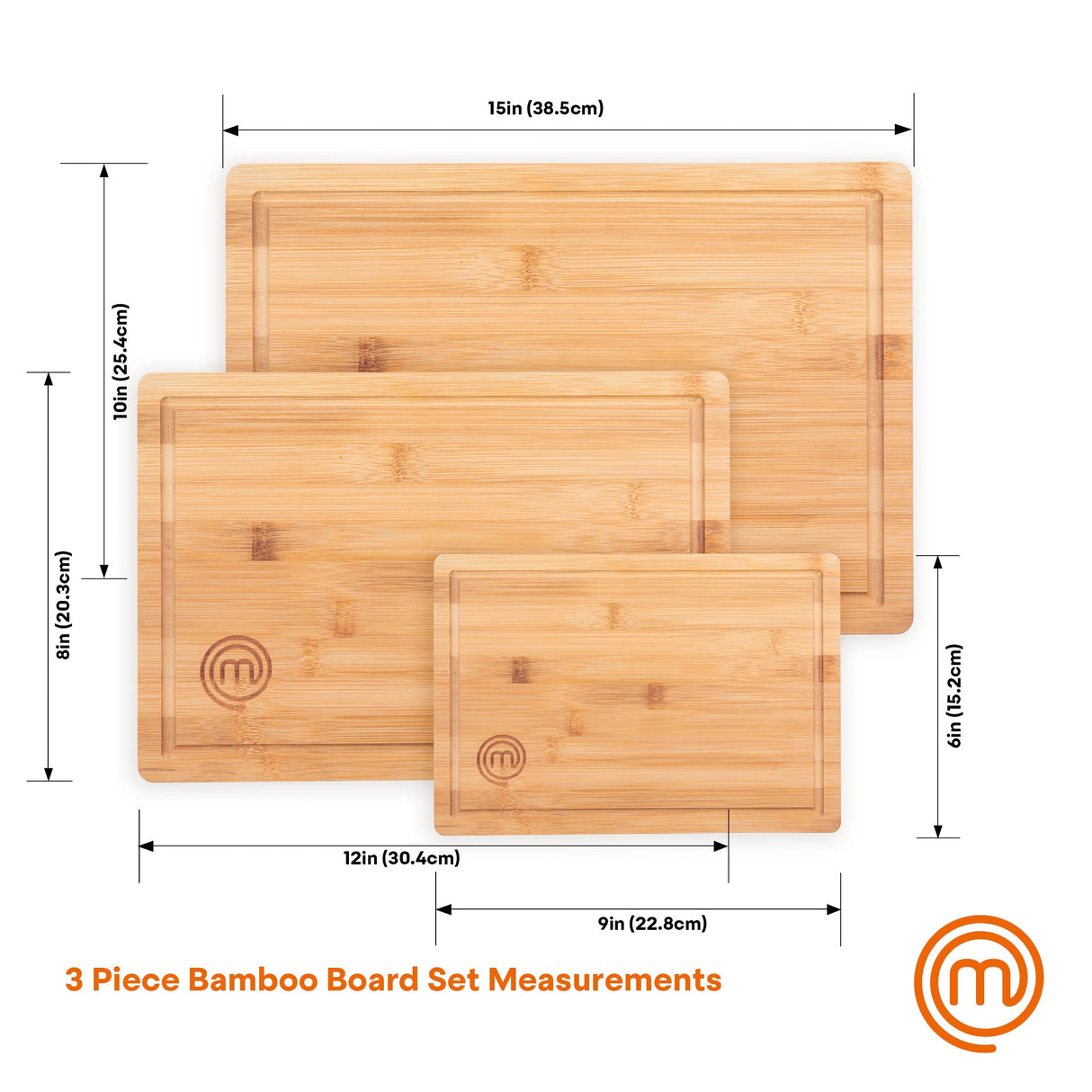 MasterChef Cutting Boards for Kitchen, Bamboo Chopping Board Set of 3, Organic Food Safe Surfaces for Preparing & Serving Meat, Cheese etc, Large, MasterChef