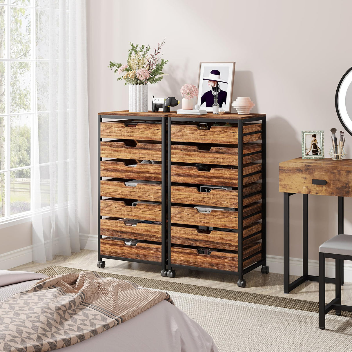 Tribesigns 7 Drawer Chest, Wood Storage Dresser Cabinet with Wheels, Industrial Storage Drawer Organizer Cart for Office Bedroom Entryway (Rustic Brown, 1 PC) Tribesigns