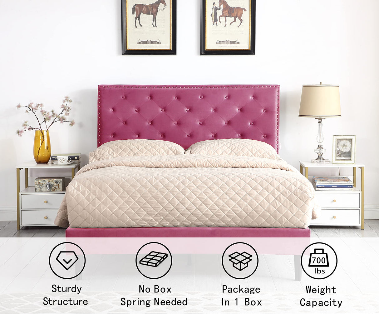 Full Upholstered Platform Bed Frame with 48" Tall Adjustable Headboard - Button Tufted Suede Velour Bed- Wood Slat Support with Storage Space - No Box Spring Needed - Pink - OLIVER & SMITH - Princeton OLIVER & SMITH SINCE 1921