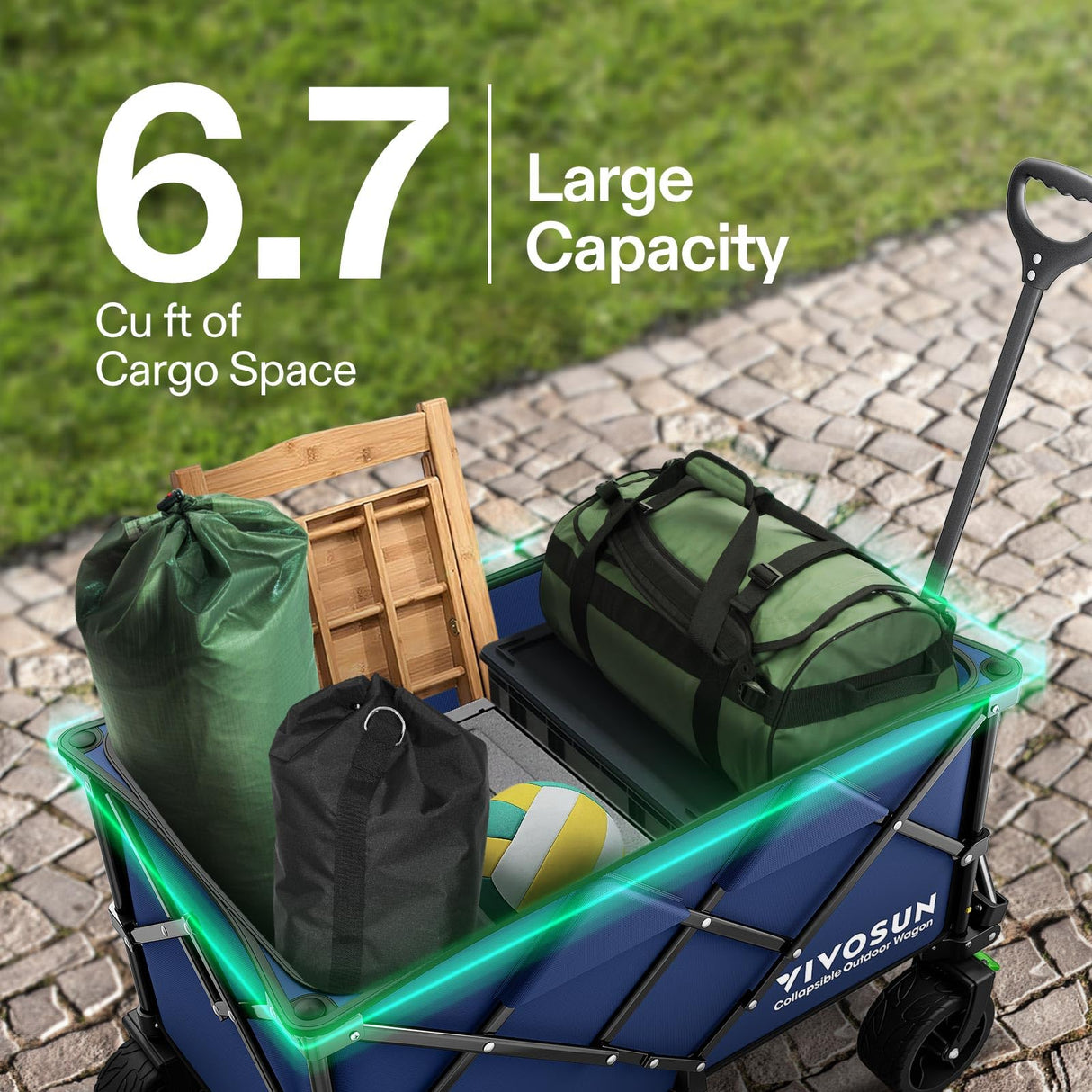 VIVOSUN Collapsible Folding Wagon, Outdoor Utility with Silent All-Terrain Beach Wheels, Adjustable Handle, Cup Holders & Side Pockets, for Camping, Beach, Shopping, Garden, Sports, Picnic, Blue VIVOSUN