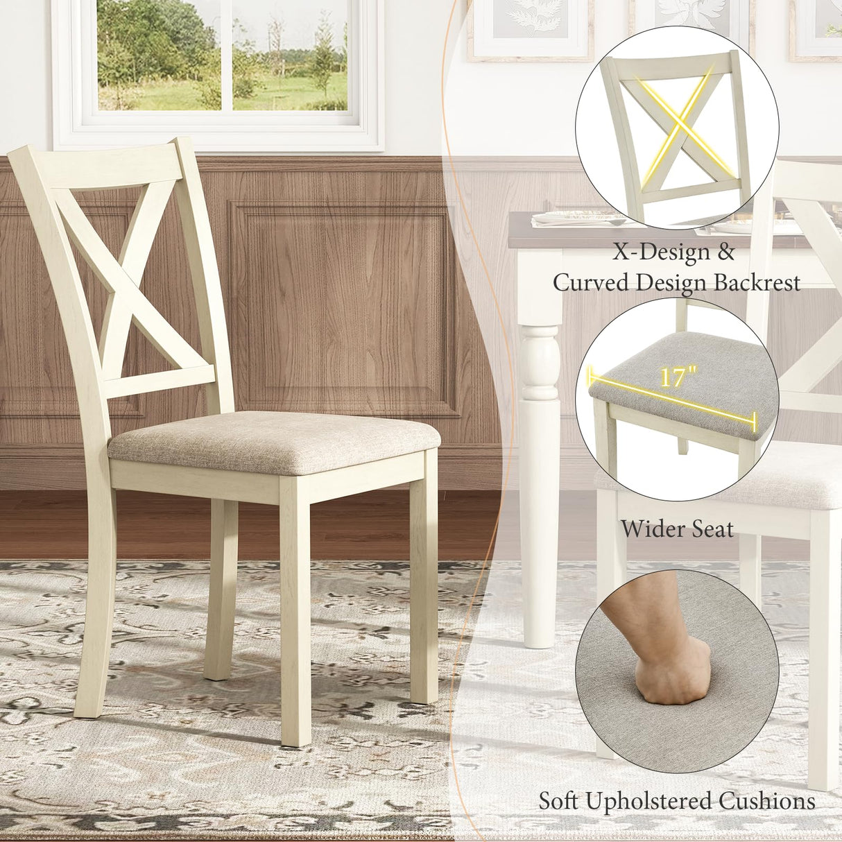 AMERLIFE 6-Piece Farmhouse Dining Table Set, 60” Solid Wood Table, 4 Upholstered Chairs and Bench, Rustic White and Walnut Finish, Seating for 6, for Kitchen or Dining Room AMERLIFE