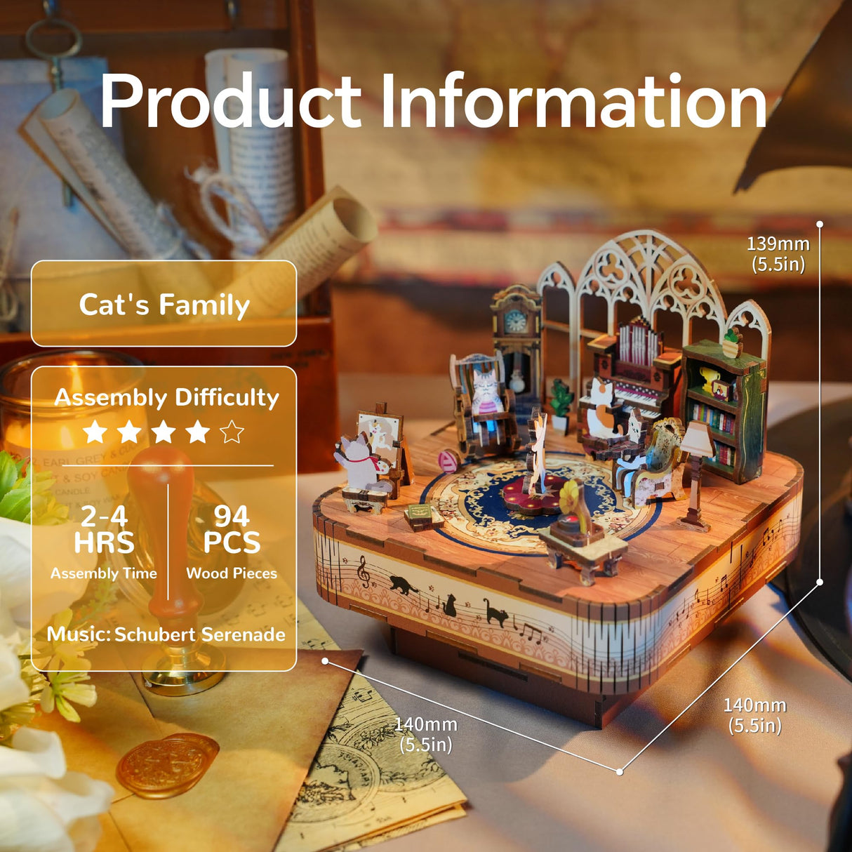 Tonecheer Wooden Music Box Puzzle for Adults,DIY Rotating Music Box Kit 3D Creative Musical Puzzle Crafts Model Building Kits Desk Decor for Teens Kids Birthday Gift (Cats Family) Tonecheer