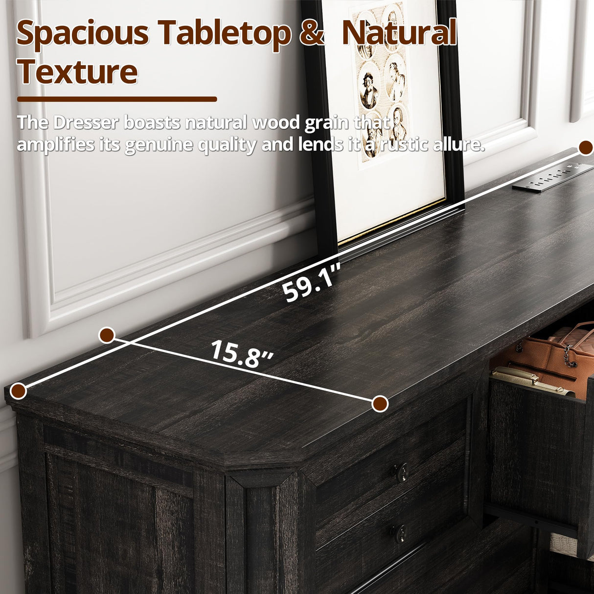 IRONCK Farmhouse 7 Drawers Dresser for Bedroom, 59" Long Dresser with Charging Station, Natural Texture, Vintage Design, for Bedroom, Charcoal IRONCK