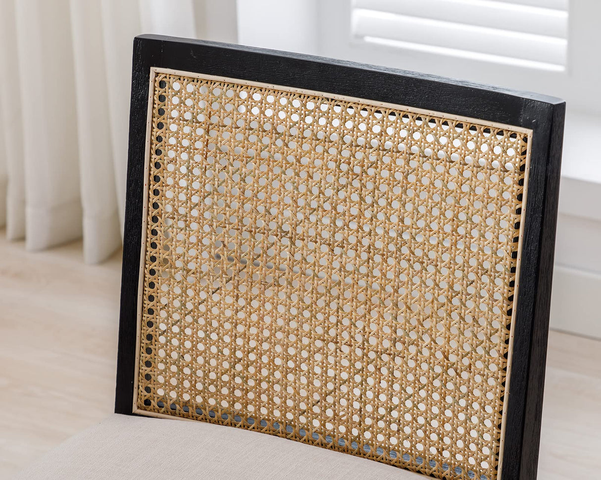 HNY Farmhouse Rattan Dining Chairs Set of 2, Mid Century Modern Kitchen & Dining Room Chairs, Cane Upholstered Kitchen Chairs Side Chairs with Black Hardwood Frame, Beige HNY