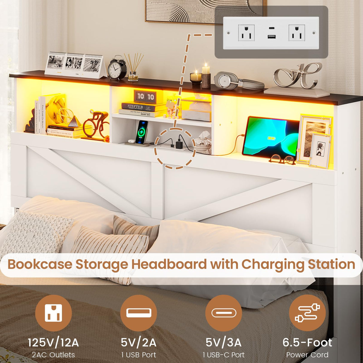 VIAGDO Farmhouse Bed Frame Queen Size with Bookcase Storage Headboard, Charging Station and LED Lights, Wooden Queen Bed Frame with 4 Drawers, Barn Door Design, No Box Spring Needed, No Noise, White VIAGDO