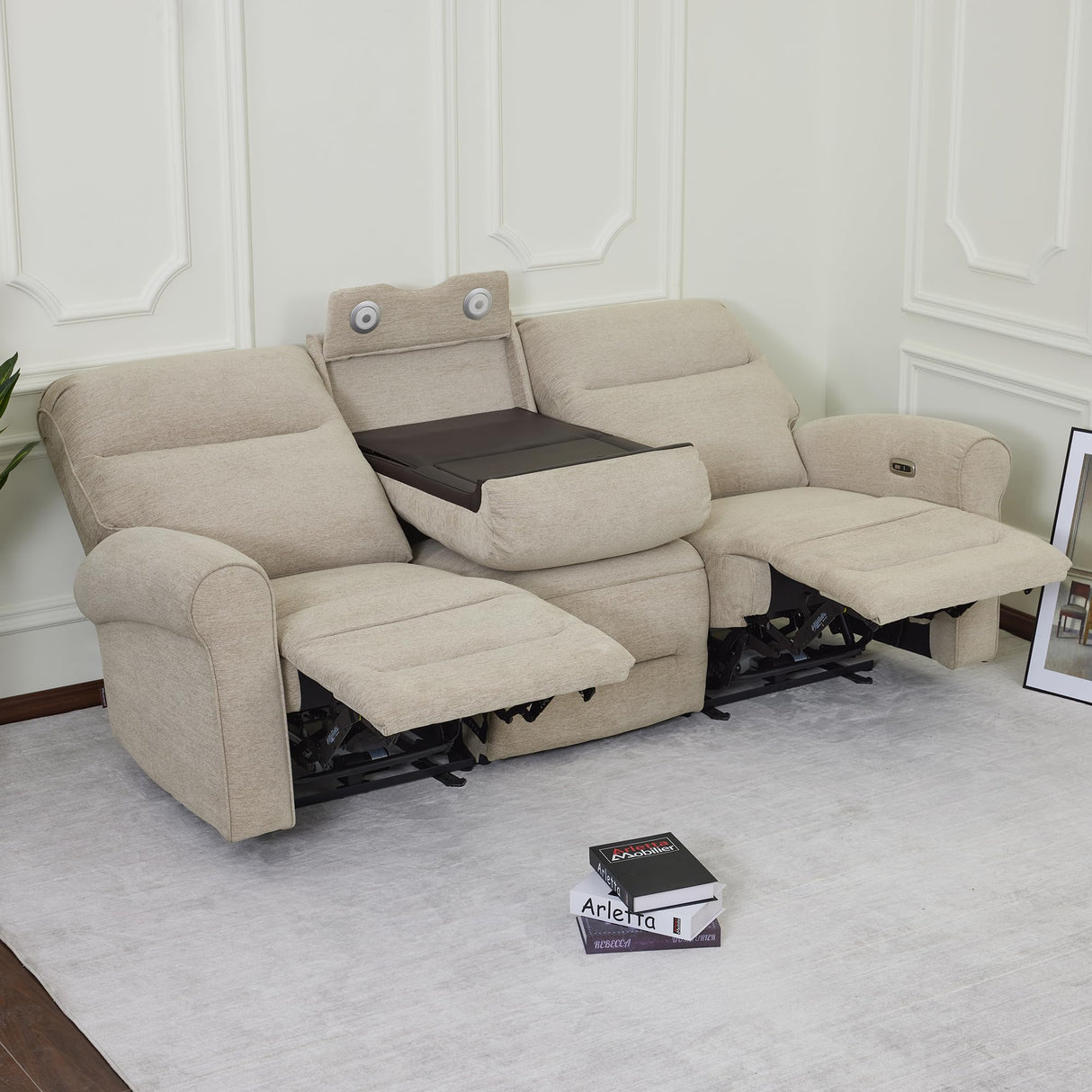 MCombo 87.8" Wall Hugger Power Reclining Sofa with Drop Down Table, 3-Seater Recliner Couch for Small Spaces Living Room RV, USB Ports, Fabric PR635M3 (Beige) MCombo