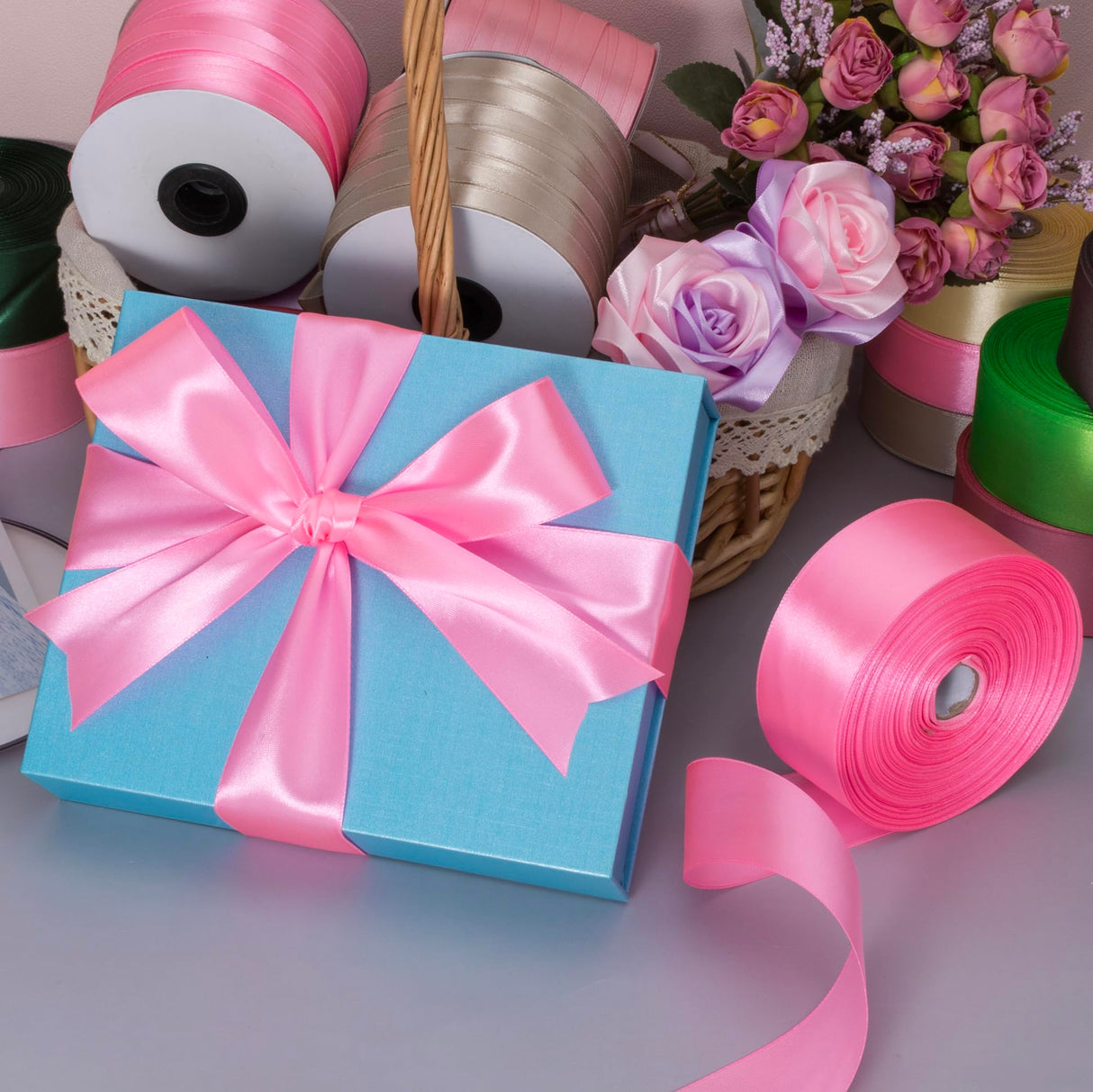 YASEO 1 1/2 Inch Flamingo Pink Solid Satin Ribbon, 50 Yards Craft Fabric Ribbon for Gift Wrapping Floral Bouquets Wedding Party Decoration YASEO