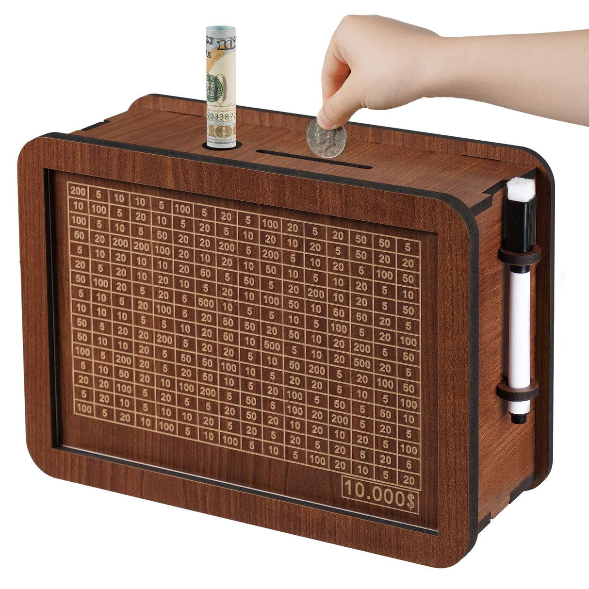 Cash Vault Wooden Savings Box, Piggy Bank for Adults Kids, Coin Bank for Boys and Girls, Unique 10000 Savings Challenge Box, Wooden Cash Savings Box with Money Target and Numbers (10000 Dollar) FOLENCER