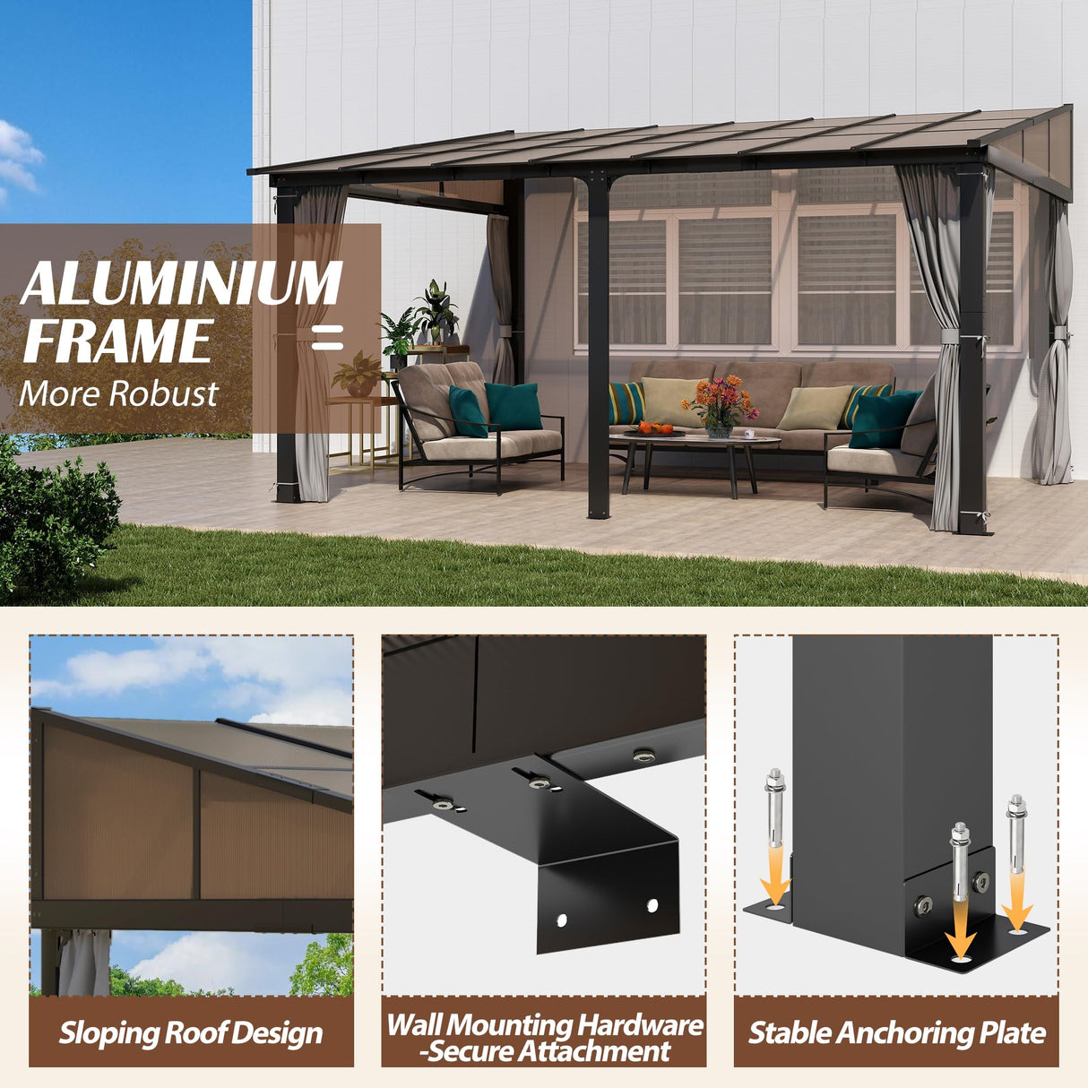 Raysfung 12x14FT Outdoor Wall-Mounted Hardtop Gazebo, Aluminum Frame Lean to Gazebo with Polycarbonate Roof and Curtains for Patio, Garden, Deck Raysfung