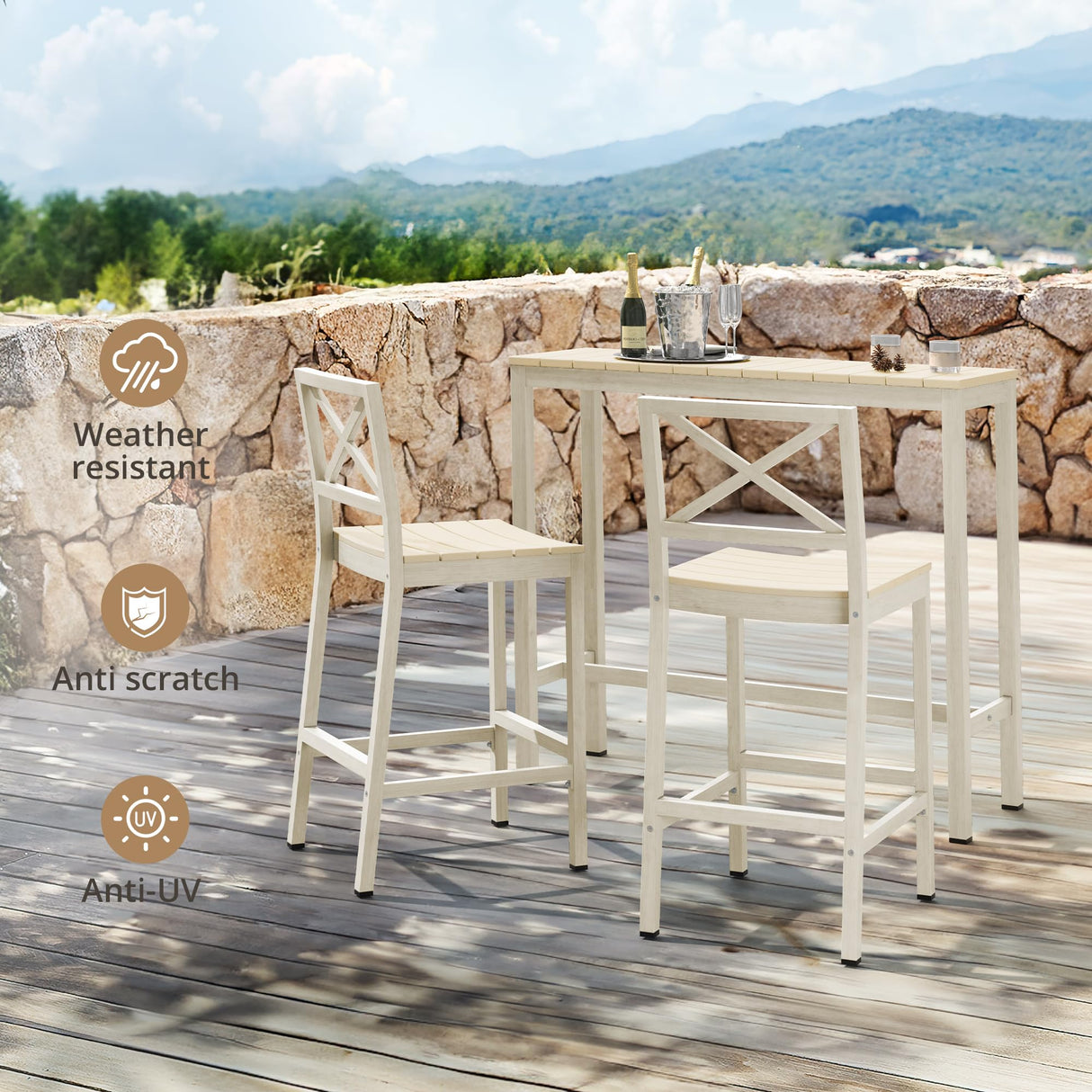 Cozyman Outdoor Bar Table, 45" Patio Bar Height Counter Table, Weather Resistant, Waterproof HDPS Slatted Top Console Table for Hot Tub, Balcony, Yard, Indoor or Outdoor Use, Sand Cozyman