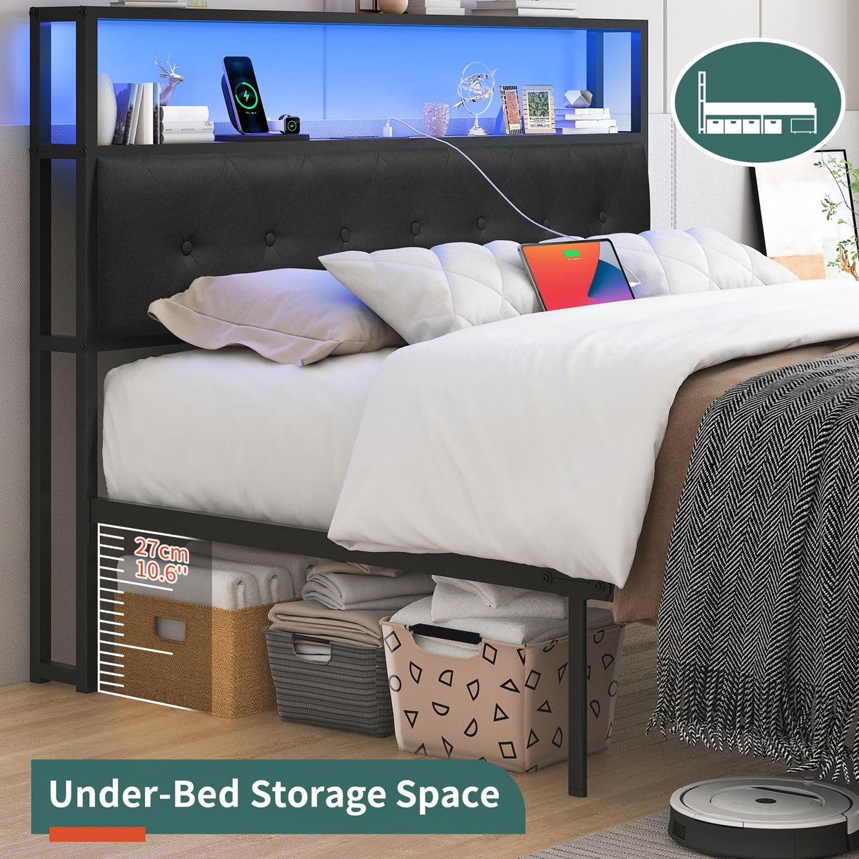 Yoobure Black Queen Bed Frame with Headboard, LED Lights & Charging Station, Storage Drawers, No Box Spring Required Yoobure