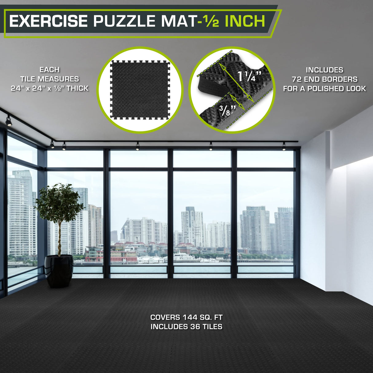 ProsourceFit Puzzle Exercise Mat ½ in, EVA Interlocking Foam Floor Tiles for Home Gym, Mat for Home Workout Equipment, Floor Padding for Kids, Black, 24 in x 24 in x ½ in, 144 Sq Ft - 36 Tiles ProsourceFit