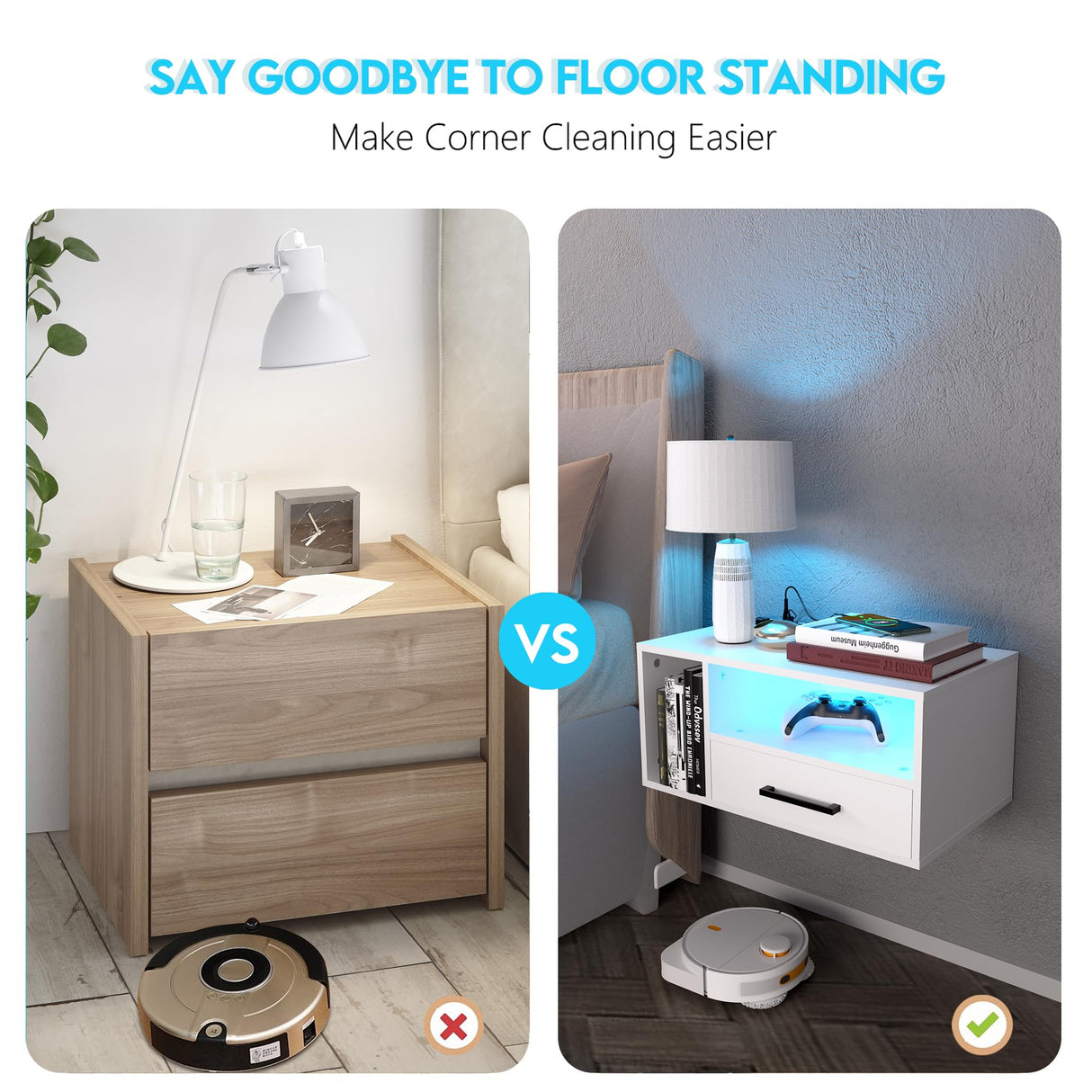 Bloddream Floating Nightstand with Charging Station and LED Light Strips, 21.3" Bedside Table with Drawers,Floating Bedside with USB Ports and Outlets, Bedroom Furniture Bloddream