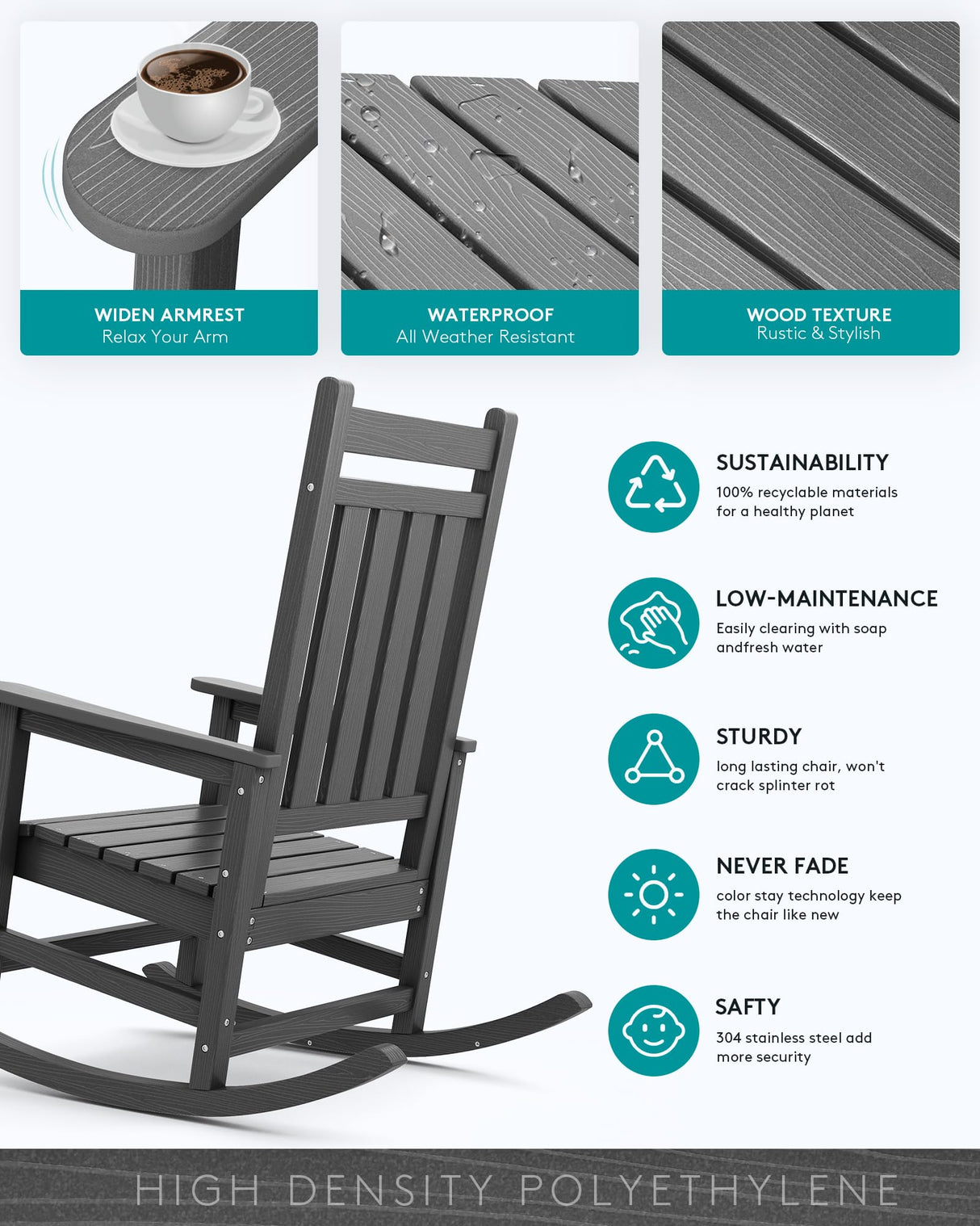 SERWALL Outdoor Rocking Chair Set of 2, HDPE Rocking Chairs for Adult, All Weather Porch Rockers for Lawn Garden, Grey SERWALL