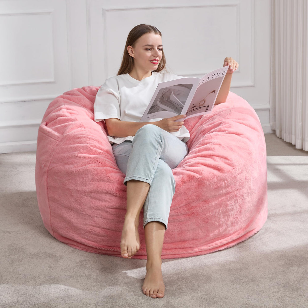 Hobestluk 3ft Bean Bag Chairs for Adults Large Beanbag Chair with Plush Faux Fur Cover Big Bean Bag Chair for Living Room Bedroom Dorm Office -Pink (36” x 36” x 22”) Hobestluk