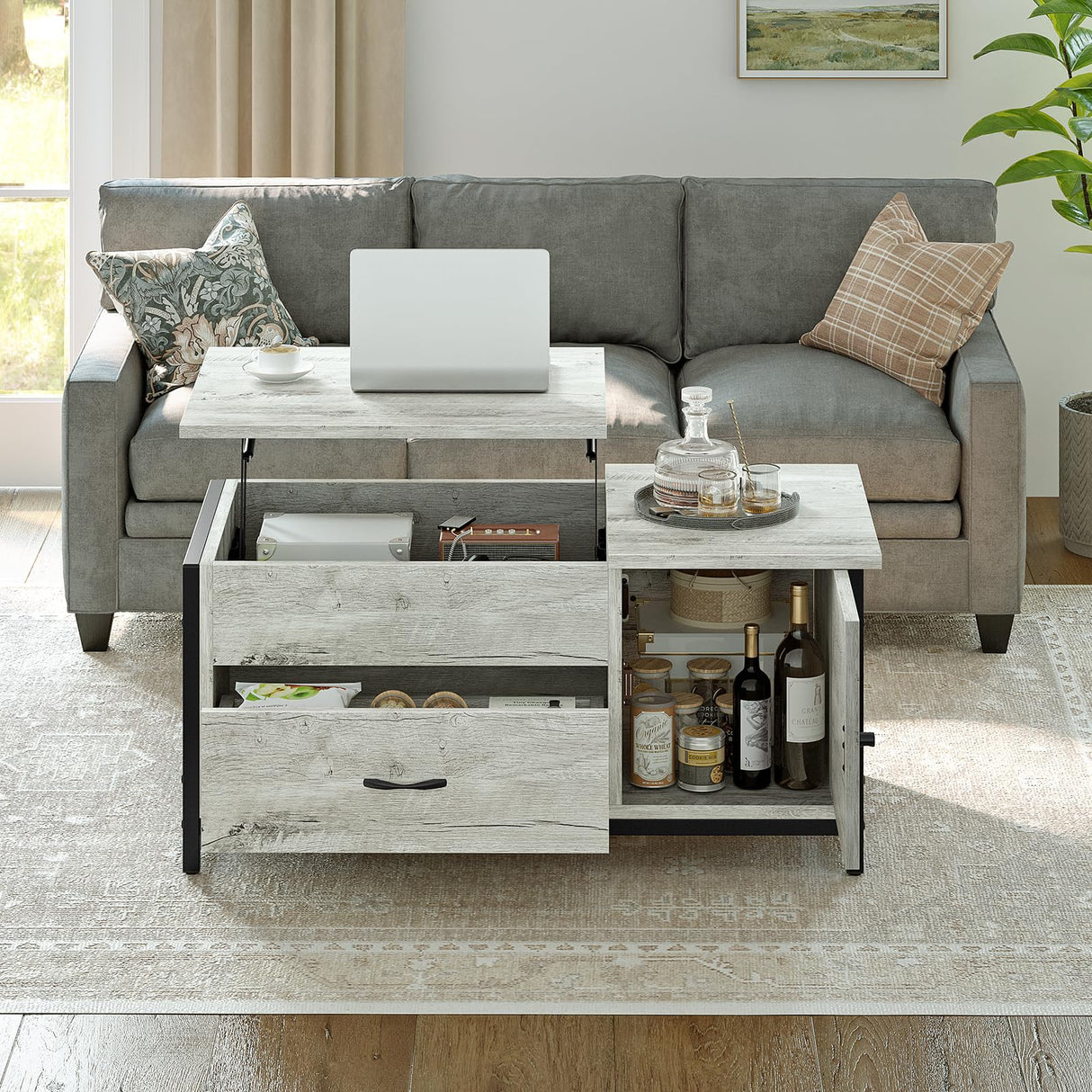 FABATO 41.7" Coffee Table Lift Top with Storage Drawers and Hidden Compartment Vintage Central Table for Living Room Grey FABATO