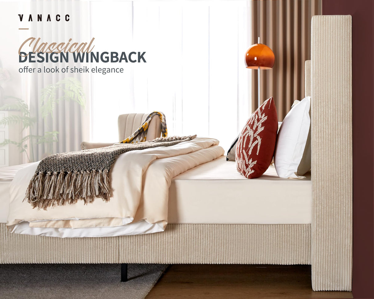 VanAcc King Size Modern Beige Upholstered Platform Bed Frame with Wingback and Tufted Headboard VanAcc