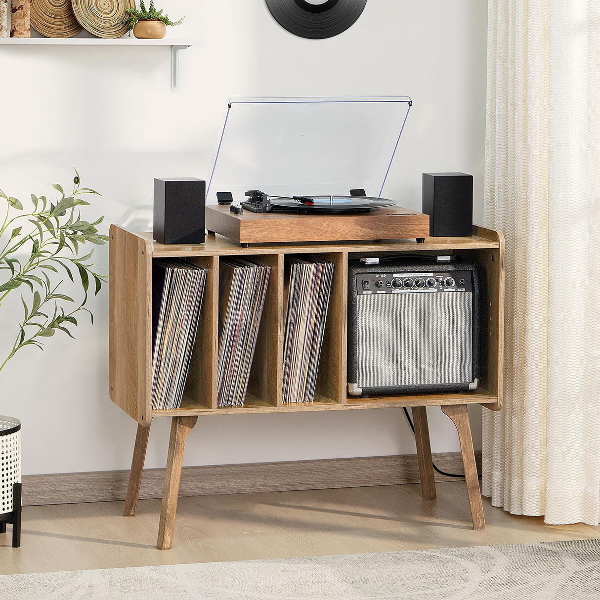 Lerliuo Record Player Stand with Charging Station Holds Up to 220 Albums, Large Turntable Stand with 4 Cabinet, Mid-Century Record Player Table,Oak Vinyl Holder Storage Shelf for Bedroom Living Room Lerliuo