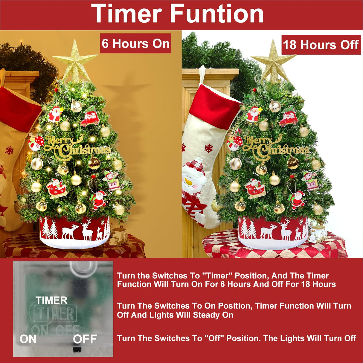 Grandeal 24" /2FT Mini Christmas Tree with Lights Timer 30 LEDs & 34 Ornaments, Small Tabletop Christmas Trees Artificial Christmas Decorations for Indoor Desk Room Office Home Decor Xmas Grandeal