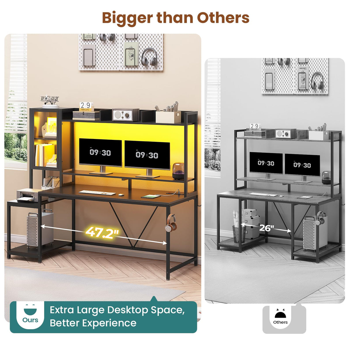 SEDETA Gaming Desk, 60'' Gaming Desk with Hutch and LED Lights, Computer Desk with Storage Shelves, Large PC Gamer Desk with Display Cabinet, Monitor Stand, Power Outlet for Home Office, Black SEDETA