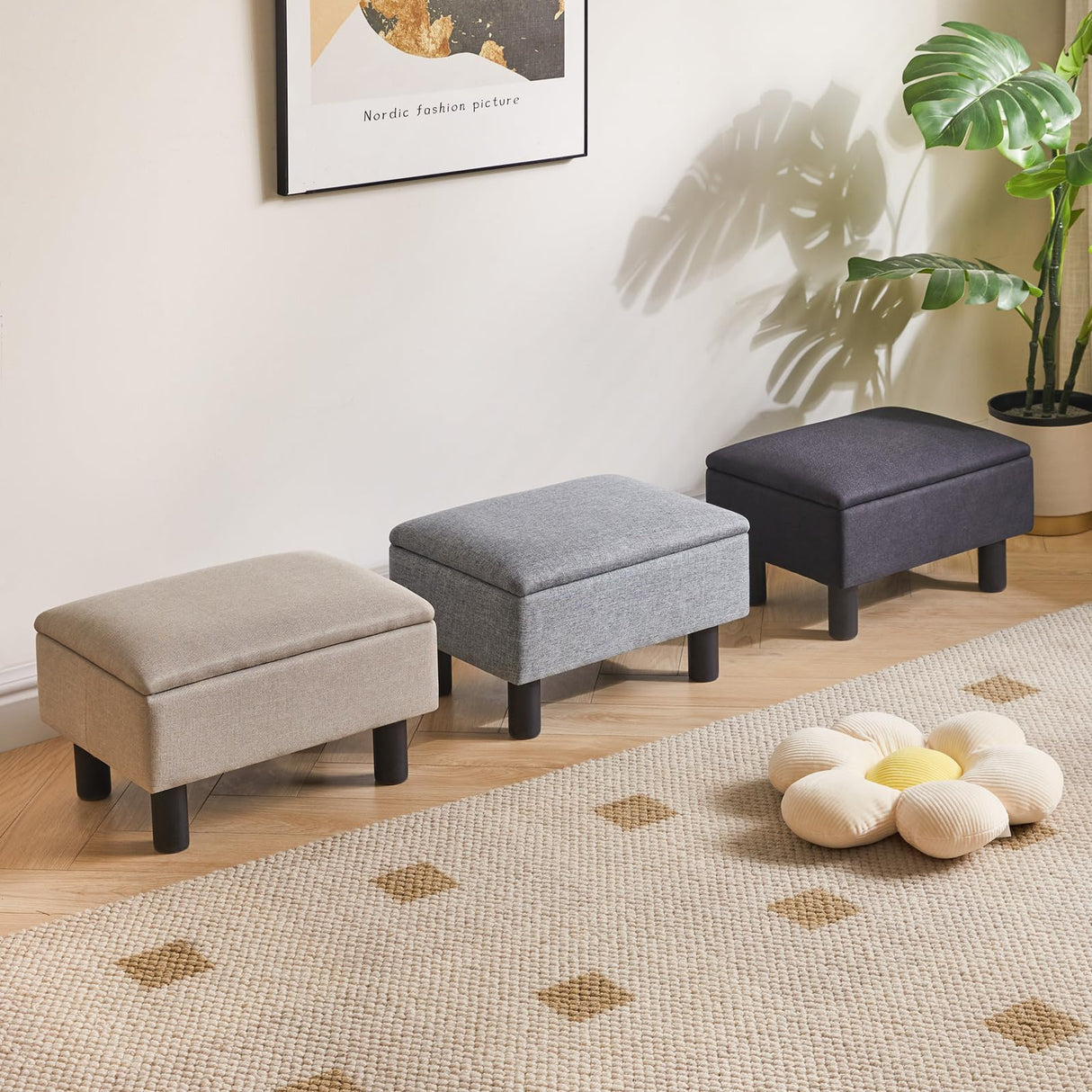 IBUYKE Storage Ottoman Footrest Stool with Linen Fabric, Rectangular, Flip Top Lid, Non-Slip Feet, Compact Design, Stylish and Functional, Gray Blue RF-BD224 IBUYKE