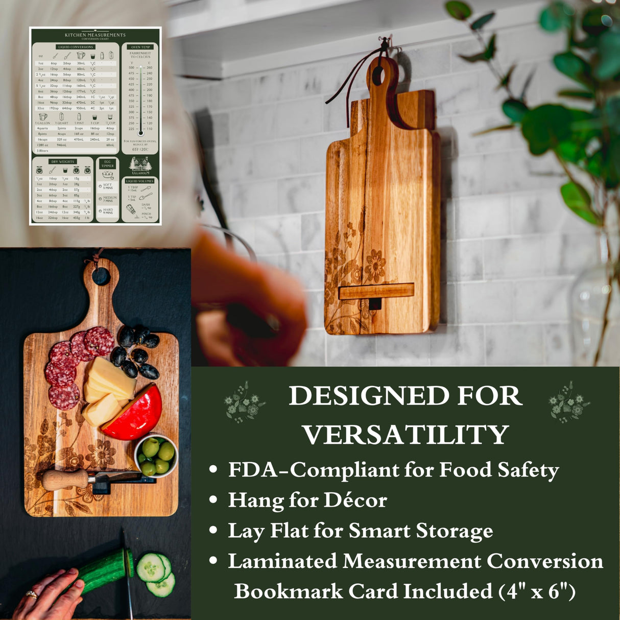 Wood Cookbook Stand for Kitchen Counter - Reversible Wooden Recipe Book Holder Stand with Cooking Measurement Conversion Card - Gift-Ready Adjustable Tablet Cook Book Holder with Charging Cable Slot ULLAHOLM
