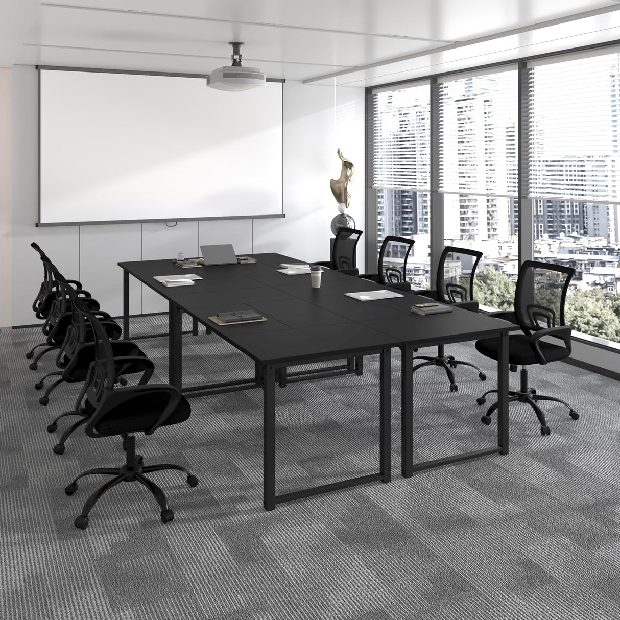 Bonzy Home 12FT Conference Table, Modern Large Meeting Table Office Desks for 16 Person, Long Rectangle Table with Sturdy Metal Frame, 4PCS, 142" D x 64" W x 30" H, Black Bonzy Home