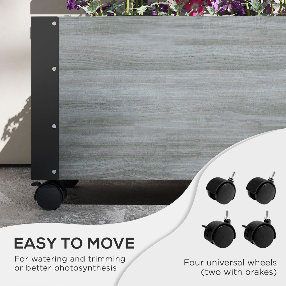 Outsunny Raised Garden Bed with Trellis, 58" Outdoor Wooden Planter Box with Wheels, for Vine Plants Flowers Climbing and Planting, Gray Outsunny