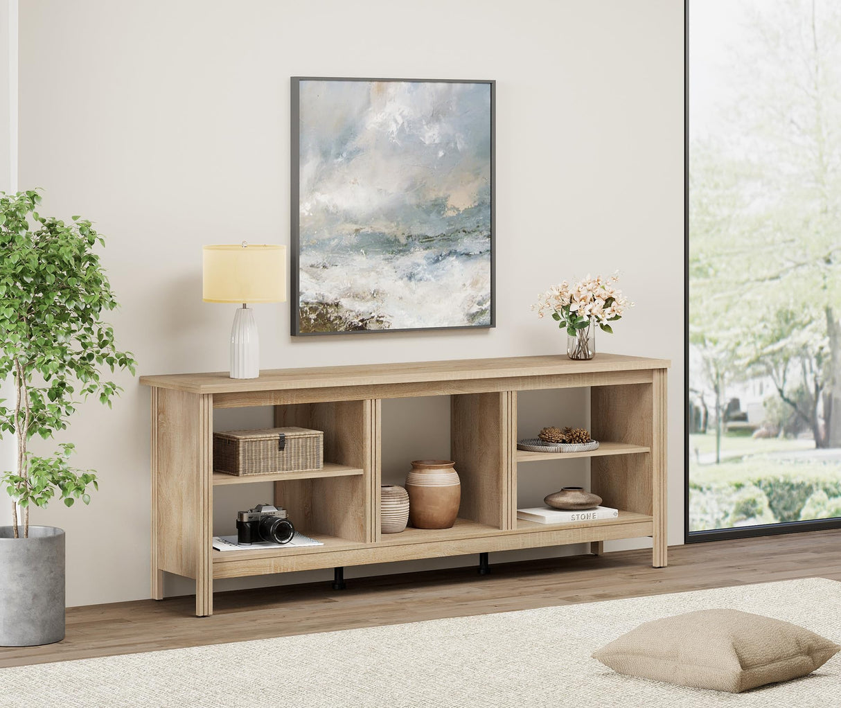 WAMPAT Farmhouse TV Stand for TVs up to 75 Inch, Oak Entertainment Center for 80 inch TV Console Table with 5 Cubby Storages for Living Room Bedroom, 70 inch WAMPAT