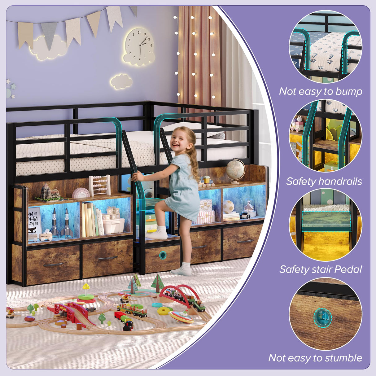 busyaeh Twin Loft Bed for Kids with 5 Drawers & 6 Bookcase and LED Light,Low Loft Bed with 15.8" H Safety Guardrail and Charging Station,Metal Kids Loft Beds with Under-Bed Play Space,Vintage Brown busyaeh