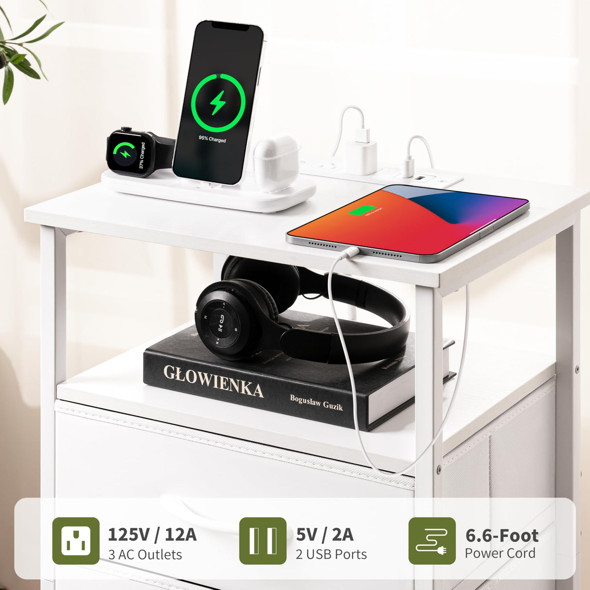 Yoobure 5 Drawers Dresser for Bedroom, Tall Nightstand with Charging Station, Fabric Dresser for Closet with Storage Shelf, Vertical Dressers Chest LED Night Stand, Bedside Table for Dorm Living Room Yoobure