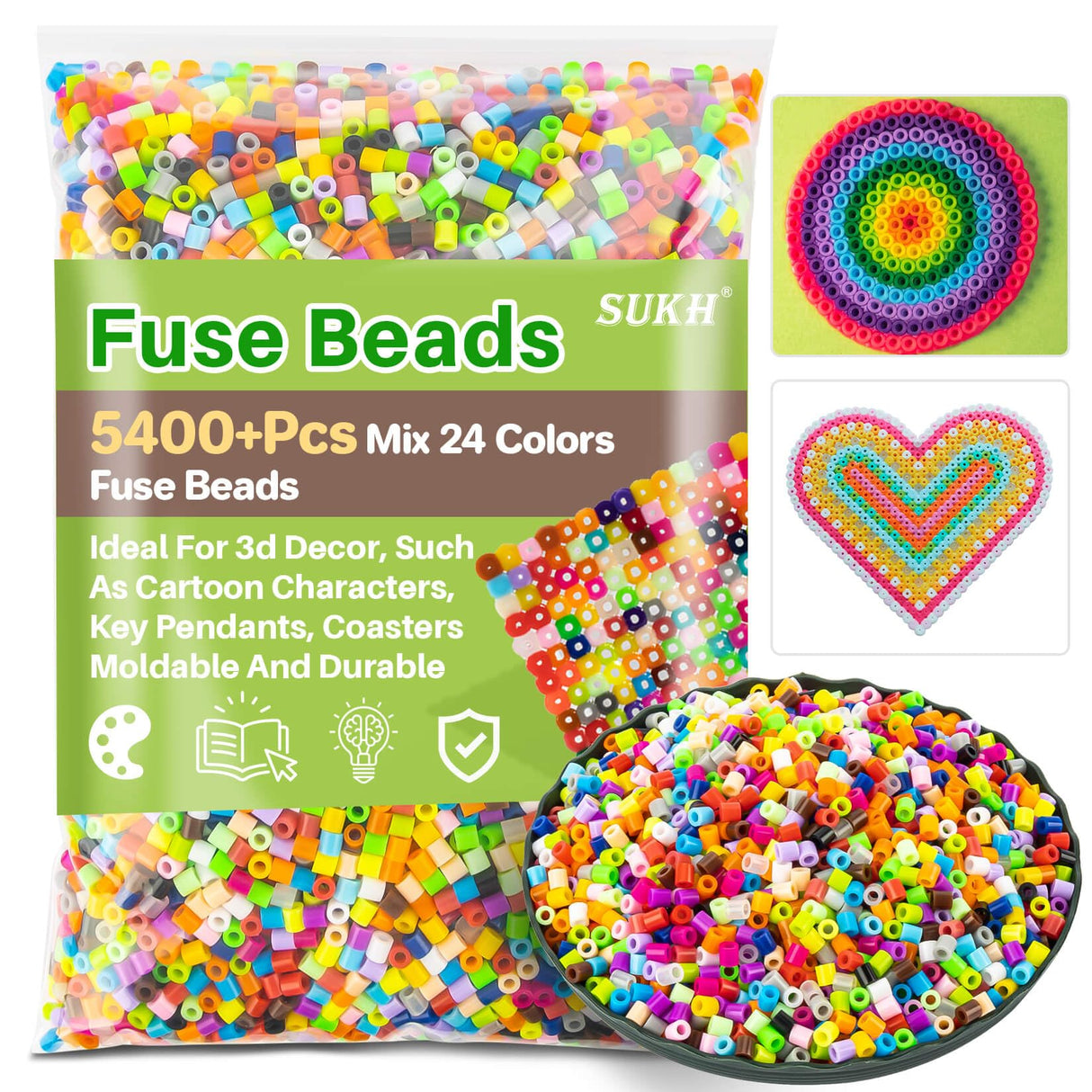 Sukh 5400+Pcs Fuse Beads - Fuse Beads Kit Melty Beads Kit Melting Beads Fuse Beads Bulk Iron Beads for Kids Crafts, Ideal for Boys and Girls Christmas Birthday Gifts Mix 24 Colors 5mm Sukh