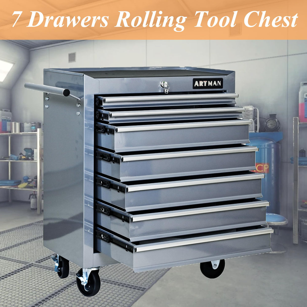 lunhung 7-Drawer Metal Rolling Tool Chest with Wheels,Tool Storage Cabinet with Locking System,Multifunctional Tool Cart with Wheels for Garage, Warehouse, Workshop, Repair Shop (Silver) lunhung