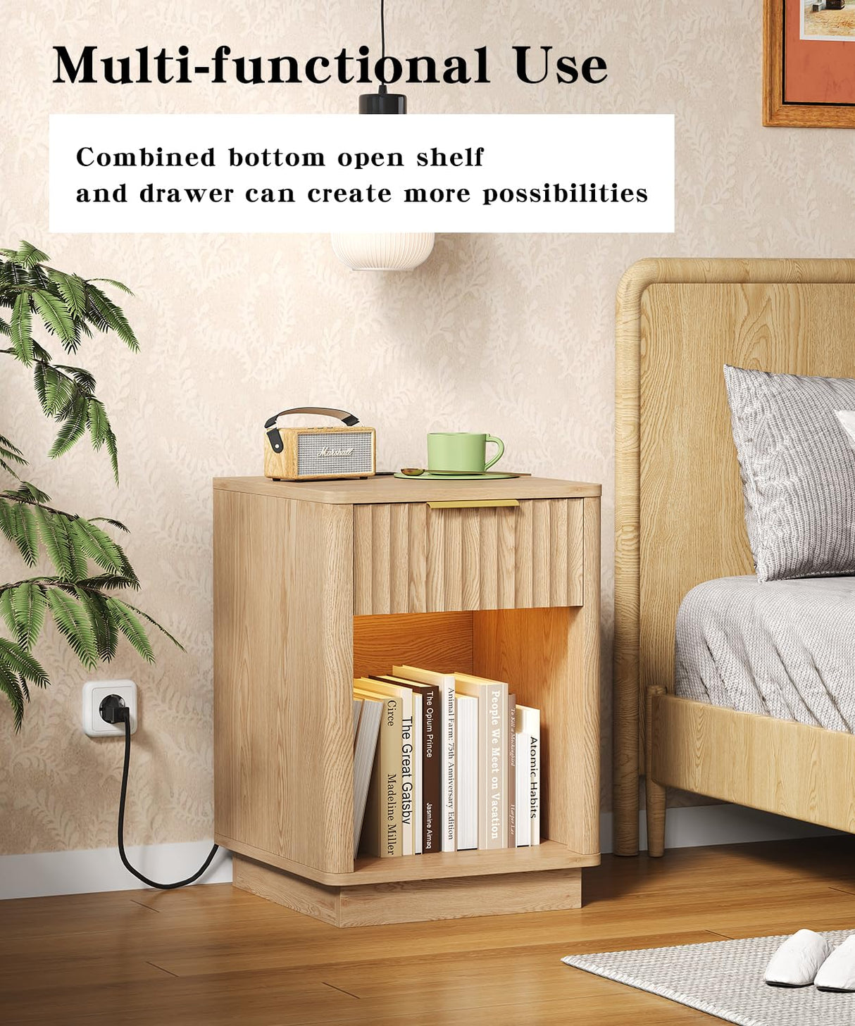 Akxomel Fluted Nightstand, Wooden Night Stand with Charging Station and LED Light, Modern Mid Century End Table with Drawer, 15" D x 15.7" W x 22.6" H, for Bedroom, Natural Oak Akxomel