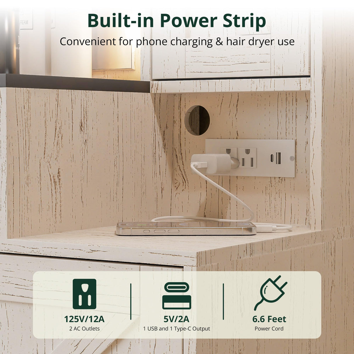 SunsGrove Farmhouse 43.3" Vanity Desk with Hollywood Makeup Mirror and Lights, White Vanity with 2 Drawers & 2 Cabinets, Large Modern Vanity Desk with Vanity Storage Chair for Bedroom (Antique White) SunsGrove