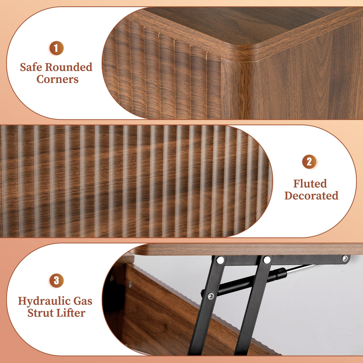 LYNCOHOME Fluted Lift Top Coffee Table with Hidden Compartment, Modern Center Table for Living Room, Home Office(Walnut) LYNCOHOME