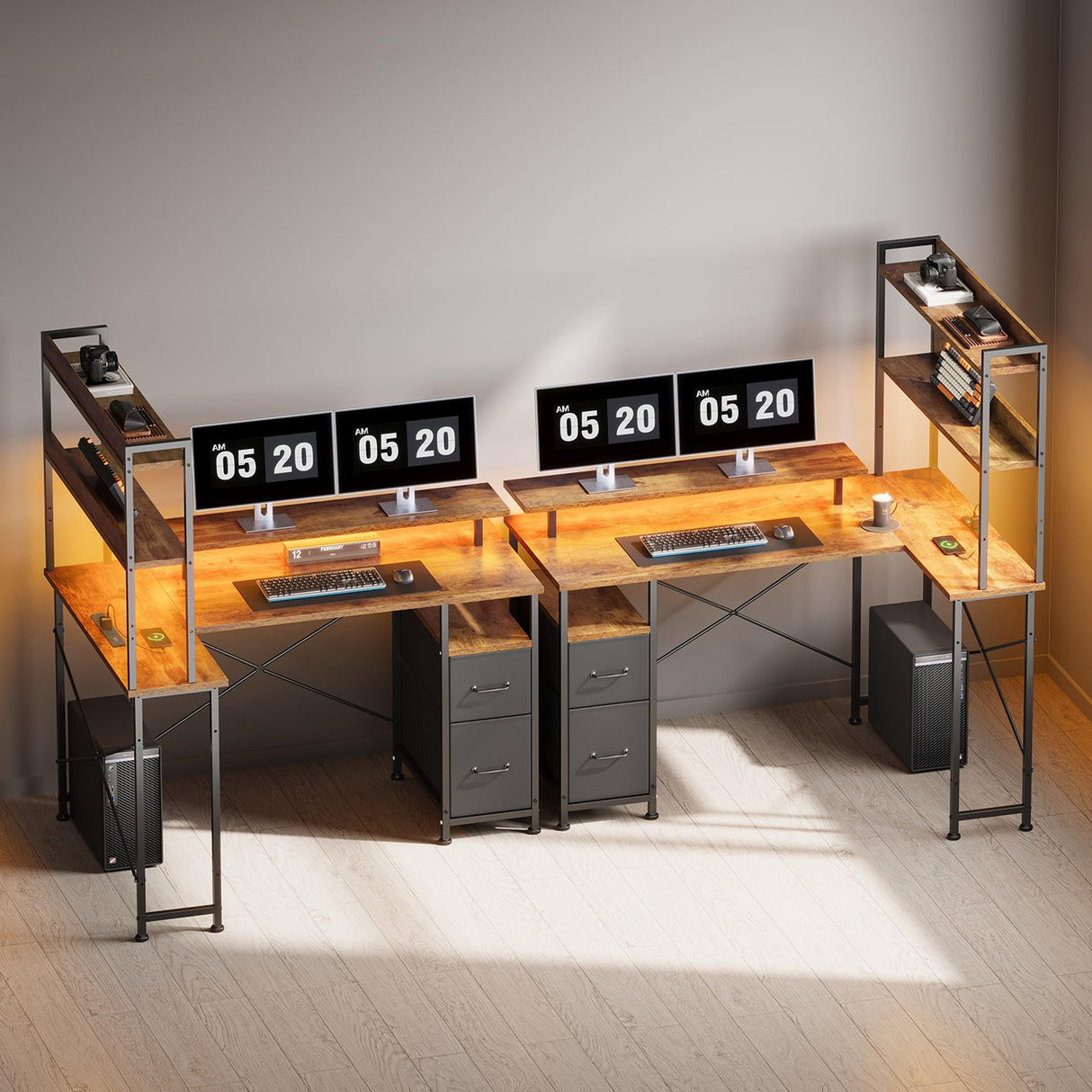 Maihail L Shaped Desk with Shelves,Reversible Computer Desk with LED Lights and Charging Station,Home Office Corner Desk with Monitor Stand,Brown Maihail