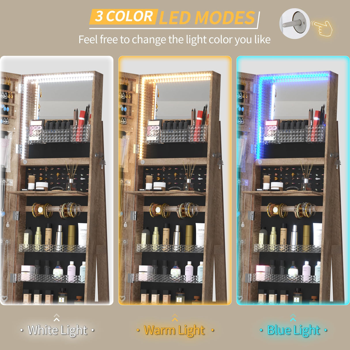 Vlsrka 360° Swivel Jewelry Cabinet with Lights, 63" H Large Capacity Jewelry Armoire with Full Length Mirror, Standing Jewelry Mirror with Storage for Jewelry, 4-in-1 design, Brown Vlsrka