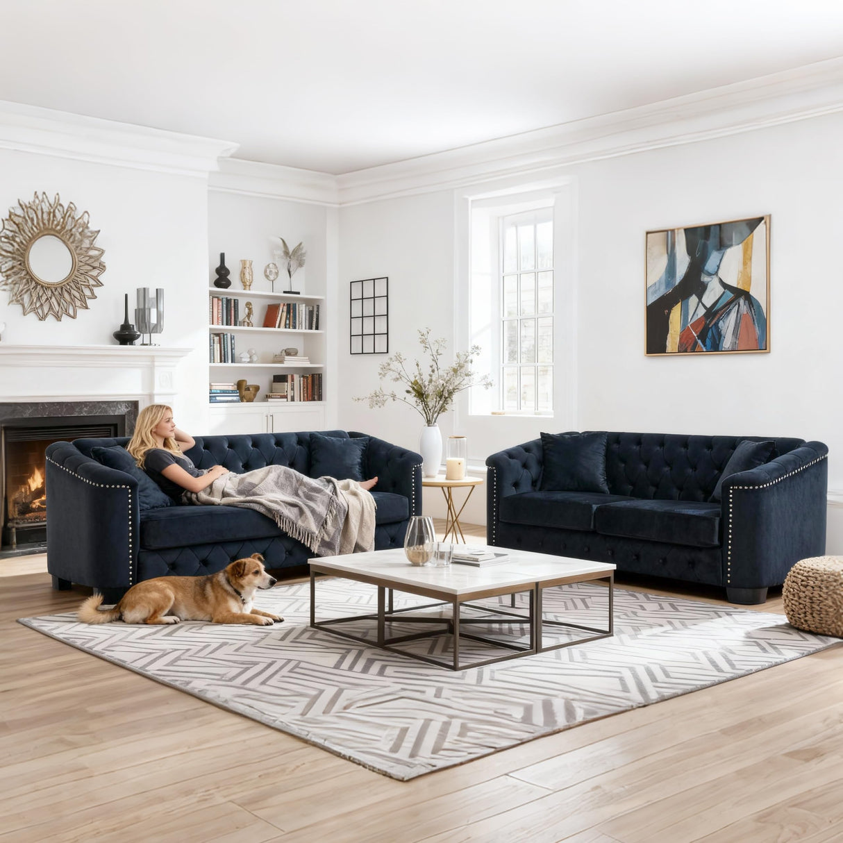 Sectional Couch for Living Room, Luxury 2 Piece Chesterfield Velvet Sofa Set 77" 3-Seater + 59" Loveseat, Modern Tufted Upholstery with Nailhead Arms and 4 Cushions for Office & Coffee Bars, Black BUIORD