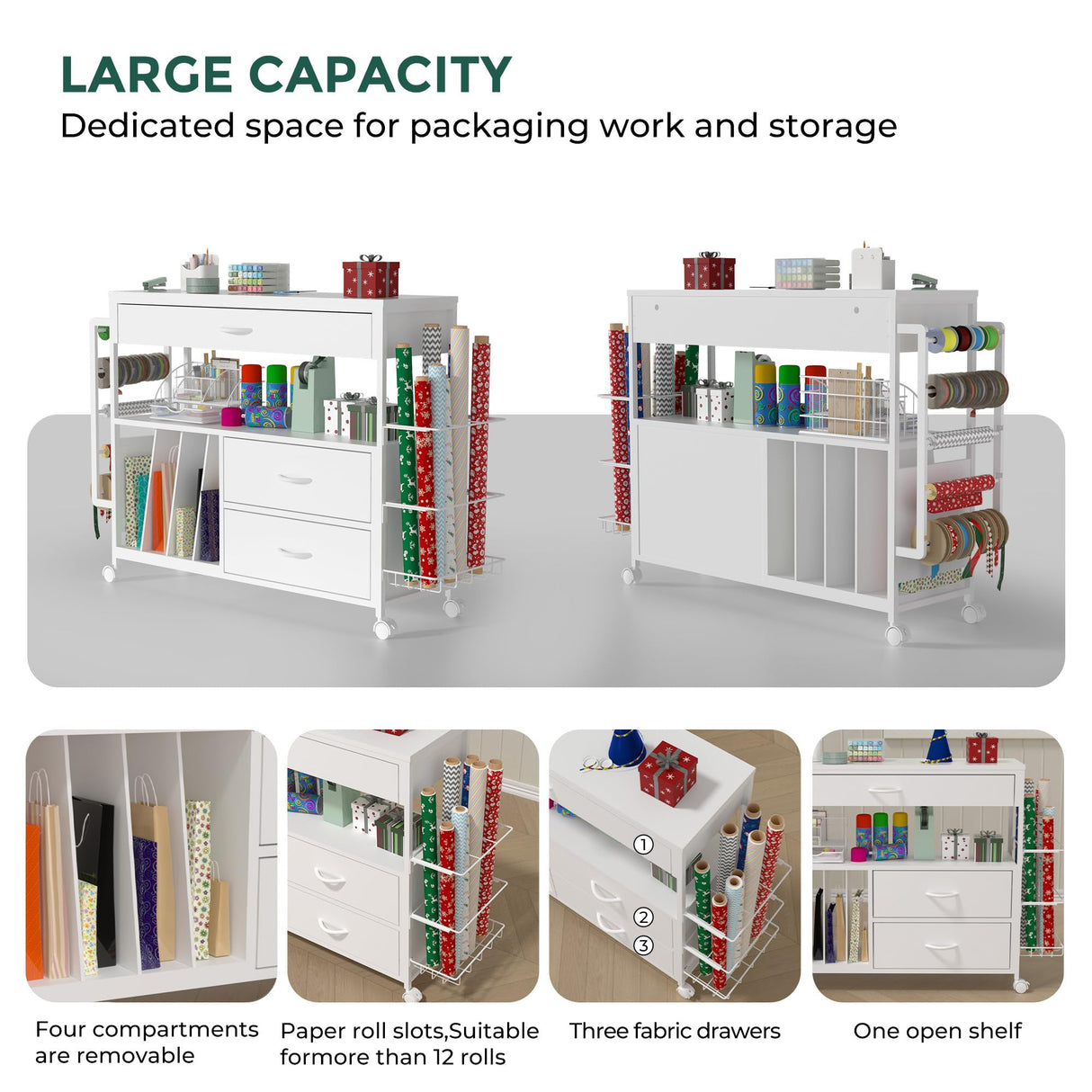 Craft Organization and Storage cart,Gift wrap Organizer Storage,Wrapping Paper cart,Wrapping Station (3 Wooden Drawers) Anrigeail