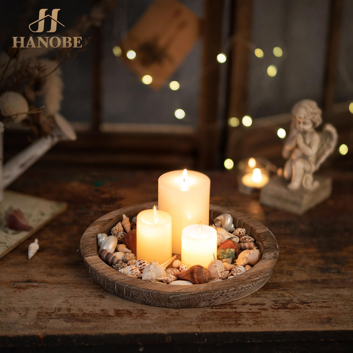 Hanobe Candle Plate Holder Tray: Round Wooden Decorative Candle Plate Small Farmhouse Table Centerpiece Rustic Wood Tealight Pillar Trays for Christmas Wedding Halloween Home Decor Hanobe