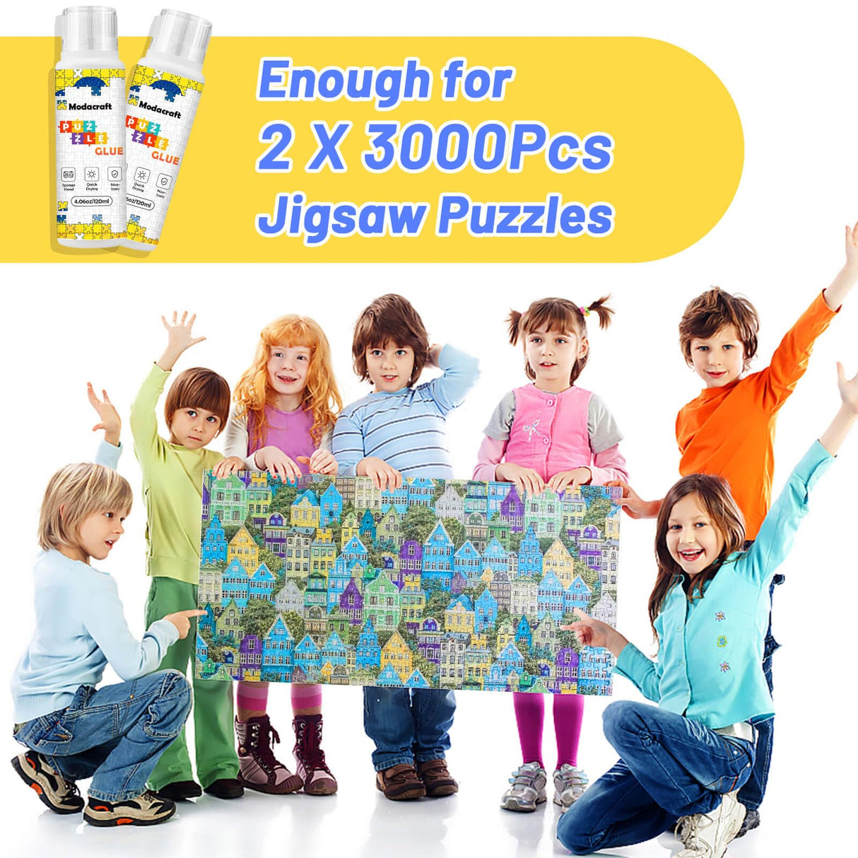 2 Pack 120ml Jigsaw Puzzle Glue with New Sponge Head, Suitable for 1000/3000/5000 Pieces of Paper and Wood Puzzle, Clear Water-Soluble Quick Dry Jigsaw Puzzle Glue, 240ml in Total Modacraft