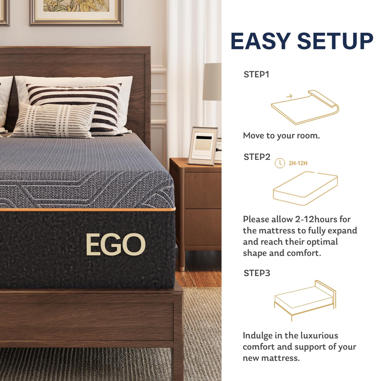 EGOHOME 14 Inch Queen Mattress, Copper Gel Memory Foam Mattress for Pain Relief, Therapeutic Mattress in a Box, CertiPUR-US Certified, Fiberglass Free Medium Mattress, Black MLILY
