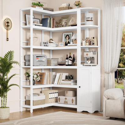 Keyluv 72" Tall Corner Bookshelf with Door, 6-Tier L Shaped Bookshelves and Bookcase with Storage Cabinet, 2 Pieces Individual Convertible Book Shelf, Display Shelf for Home Office Living Room, White