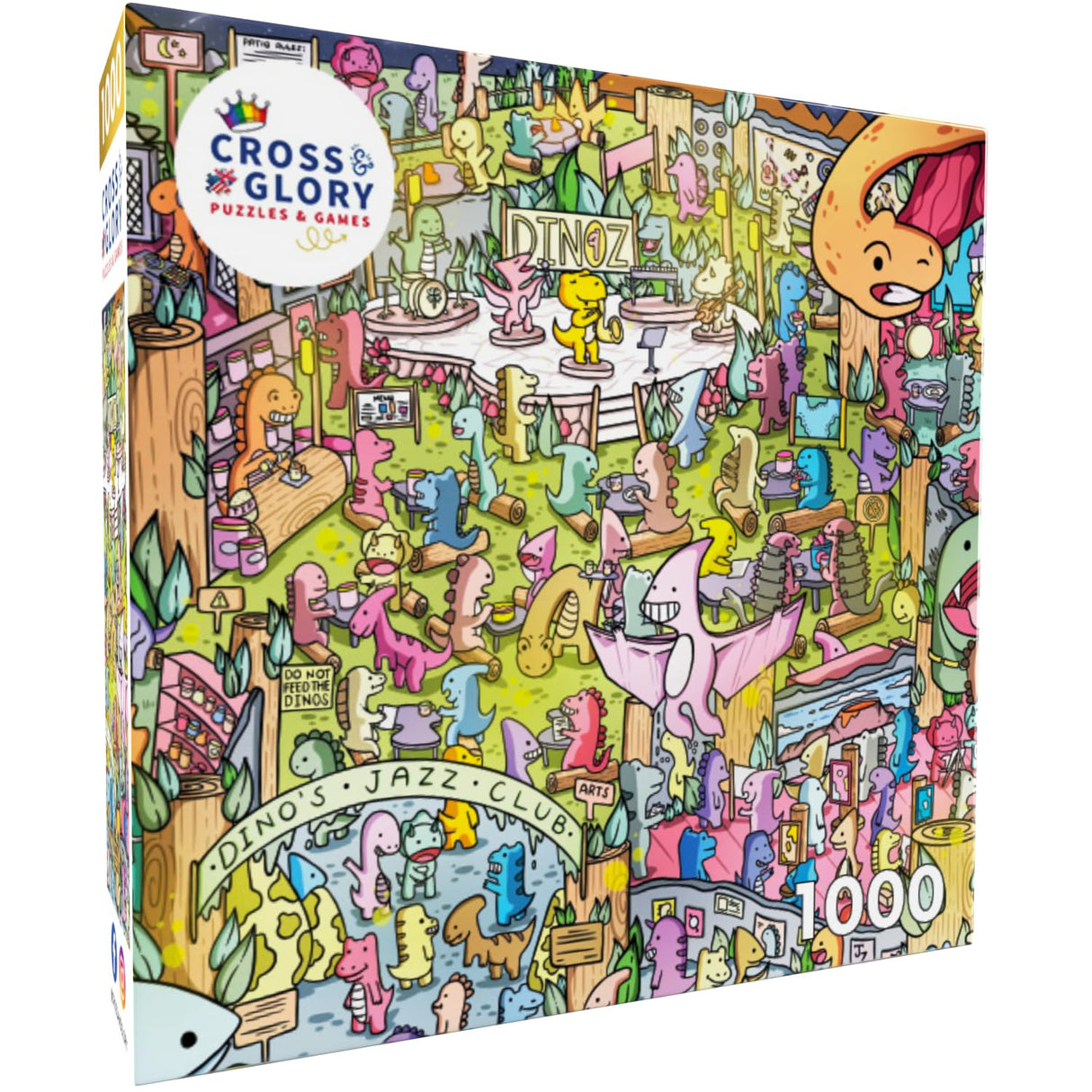 Cross & Glory - Jurassic Jive: A Night of Dino Jazz - 1000 Piece Jigsaw Puzzle for Adults & Kids 12+ & Kids | Whimsical Prehistoric Jazz Club Theme with Colorful Dinosaurs Cross & Glory